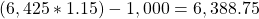 (6,425*1.15)-1,000=6,388.75